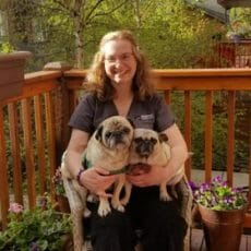 Client care representative holding 2 pugs on a balcony